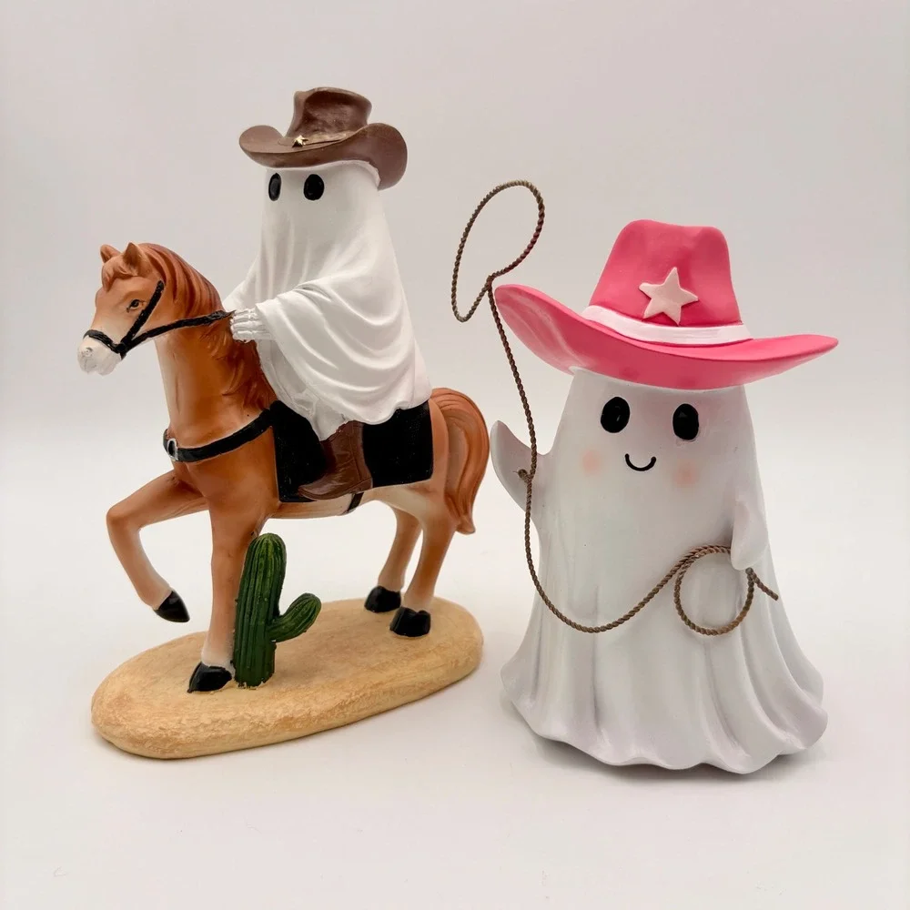 Halloween Ghost Cowboy on Horse and Cowgirl with Pink Hat Figurine Set 2pc